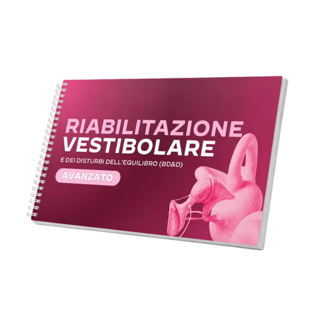 Mockup 3D delle slide rilegate a spirale del corso Riabilitazione Vestibolare e dei Disturbi dell'Equilibrio: Corso Avanzato