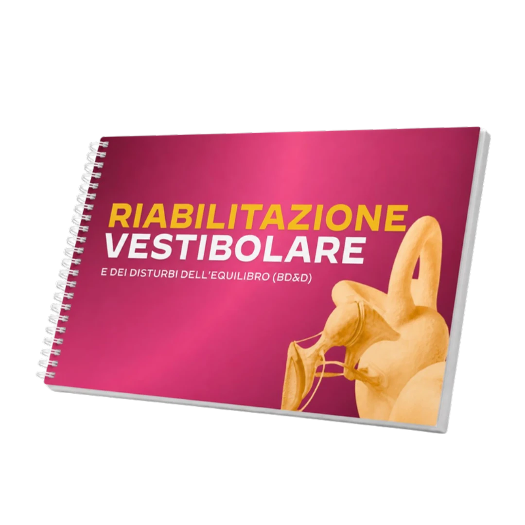 Mockup 3D delle slide rilegate a spirale del corso Riabilitazione Vestibolare e dei Disturbi dell'Equilibrio