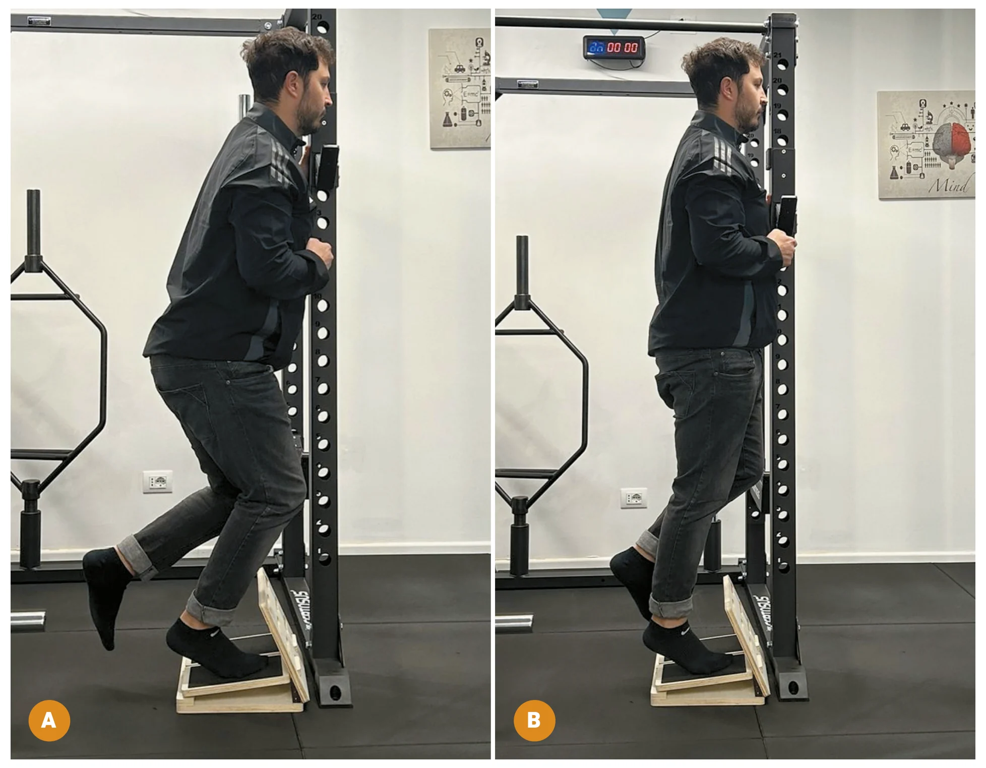Heel raise in appoggio monopodalico a ginocchio flesso e a ginocchio esteso